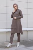 Tesettür giyim VİZON DÜĞME DETAYLI ASİMETRİK KESİM İKİLİ PANT. TAKIM 30000 