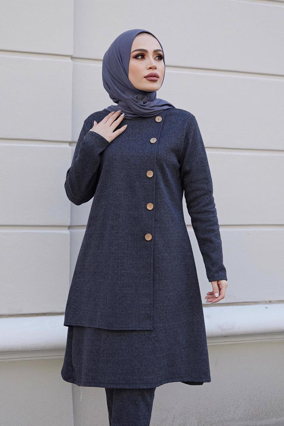 Tesettür giyim GRİ DÜĞME DETAYLI ASİMETRİK KESİM İKİLİ PANT. TAKIM 30000 