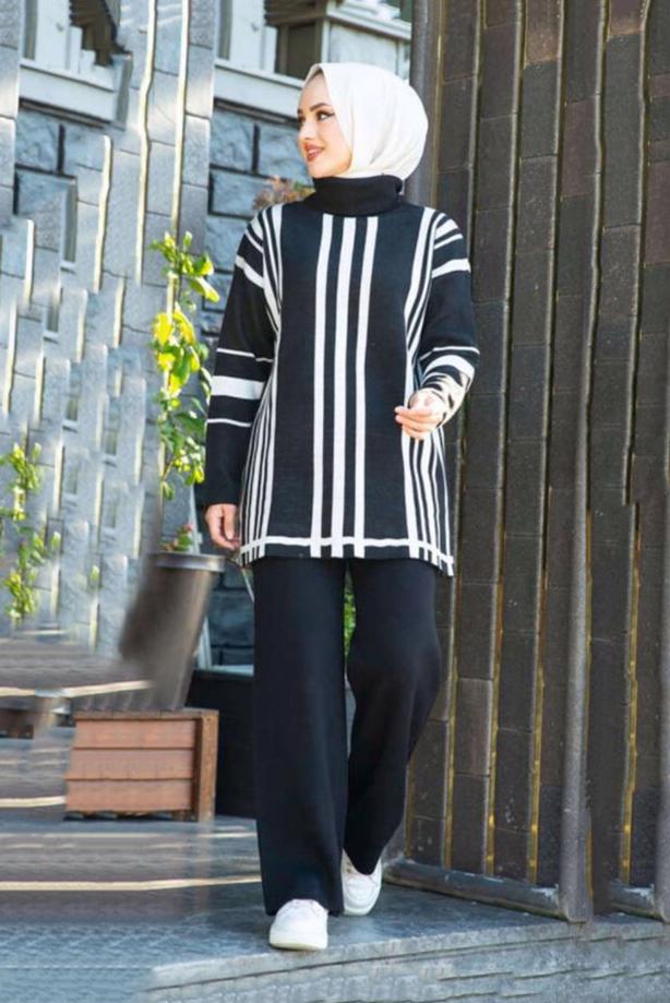 Vêtements hijab  STRIPE DETAIL TURTLENECK 2-PIECE KNITWEAR PANTS SUIT 47501  - TRENDTESETTÜR