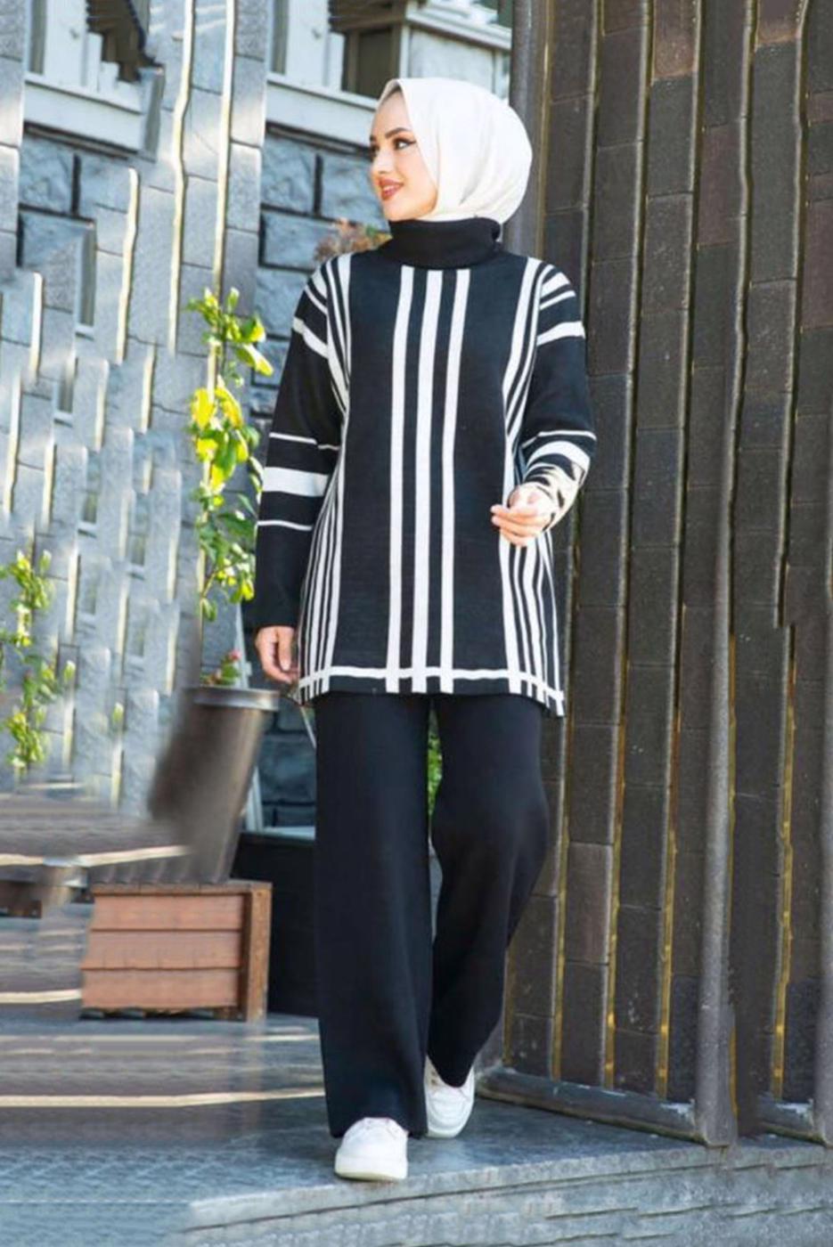 Vêtements hijab NOIR COSTUME PANTALON EN MAILLE 2 PIÈCES COL ROULÉ À RAYURES 47501