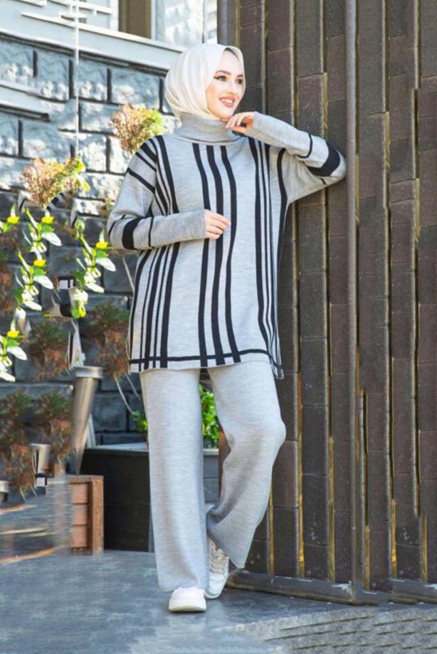 Vêtements hijab  STRIPE DETAIL TURTLENECK 2-PIECE KNITWEAR PANTS SUIT 47501  - TRENDTESETTÜR