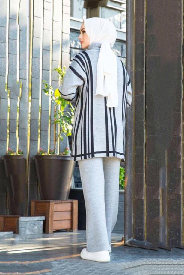 Vêtements hijab  STRIPE DETAIL TURTLENECK 2-PIECE KNITWEAR PANTS SUIT 47501  - TRENDTESETTÜR