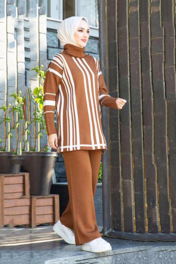 Vêtements hijab  STRIPE DETAIL TURTLENECK 2-PIECE KNITWEAR PANTS SUIT 47501  - TRENDTESETTÜR