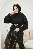 Tesettür giyim SİYAH BELİ ZİNCİR DETAYLI YARASA KOL İKİLİ PANT. TAKIM 50001 