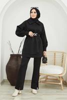 Tesettür giyim SİYAH BELİ ZİNCİR DETAYLI YARASA KOL İKİLİ PANT. TAKIM 50001 