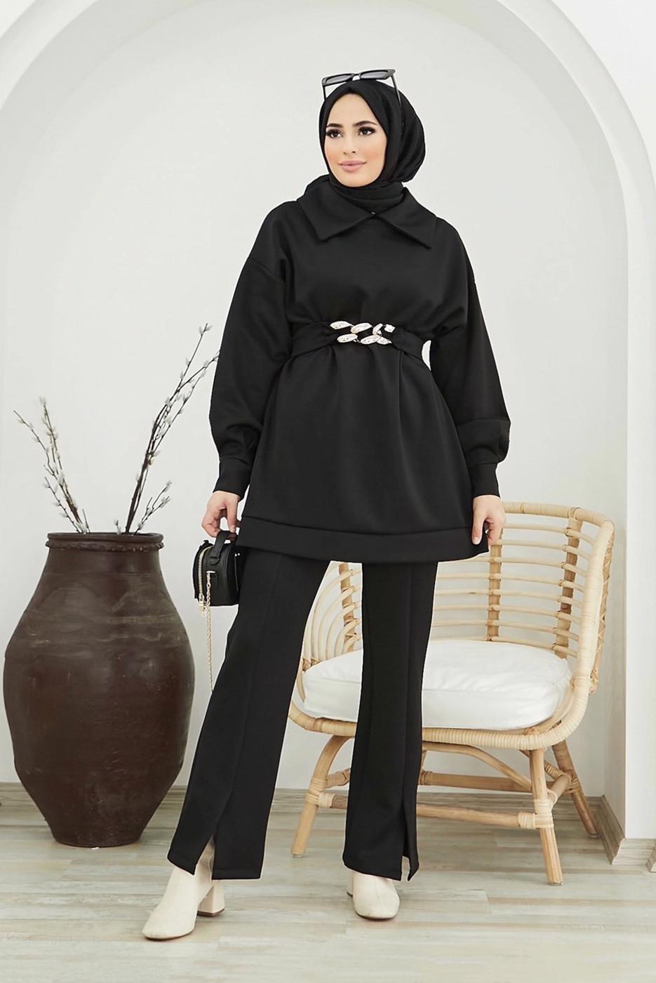 Tesettür giyim SİYAH BELİ ZİNCİR DETAYLI YARASA KOL İKİLİ PANT. TAKIM 50001 