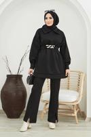 Tesettür giyim SİYAH BELİ ZİNCİR DETAYLI YARASA KOL İKİLİ PANT. TAKIM 50001 