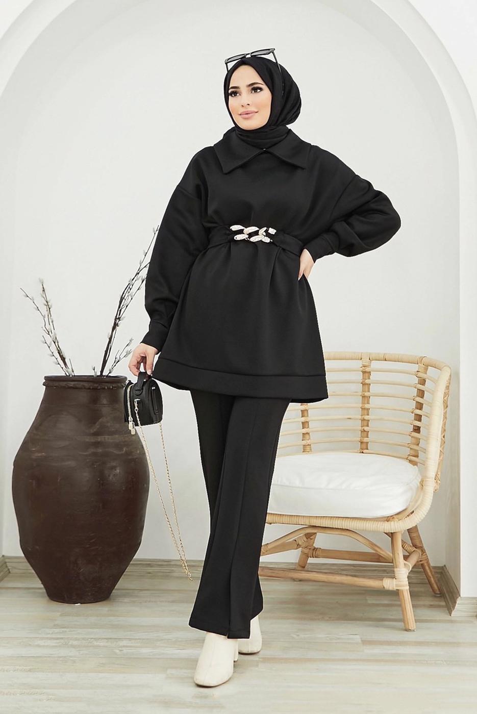 Tesettür giyim SİYAH BELİ ZİNCİR DETAYLI YARASA KOL İKİLİ PANT. TAKIM 50001 