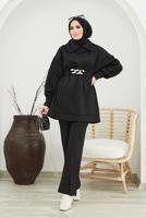 Tesettür giyim SİYAH BELİ ZİNCİR DETAYLI YARASA KOL İKİLİ PANT. TAKIM 50001 