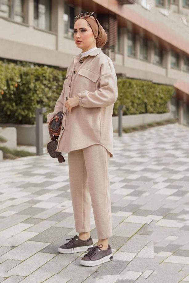Tesettür giyim  MANŞETLERİ LASTİKLİ CEP DETAYLI İKİLİ PANT. TAKIM 55601  - TRENDTESETTÜR