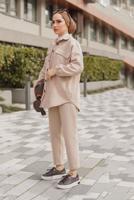 Tesettür giyim BEJ MANŞETLERİ LASTİKLİ CEP DETAYLI İKİLİ PANT. TAKIM 55601 