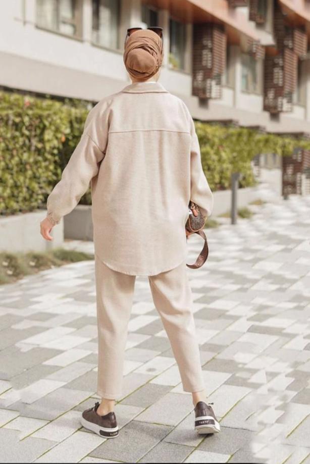 Tesettür giyim  MANŞETLERİ LASTİKLİ CEP DETAYLI İKİLİ PANT. TAKIM 55601  - TRENDTESETTÜR