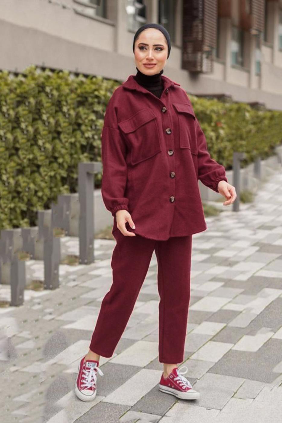 Vêtements hijab ROUGE BORDEAUX COSTUME PANTALON 2 PIÈCES À POCHES AVEC POIGNETS ÉLASTIQUES 55601
