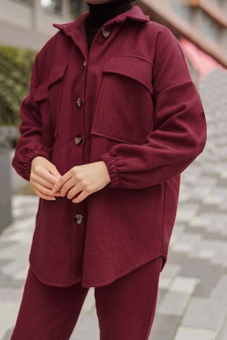 Vêtements hijab ROUGE BORDEAUX COSTUME PANTALON 2 PIÈCES À POCHES AVEC POIGNETS ÉLASTIQUES 55601