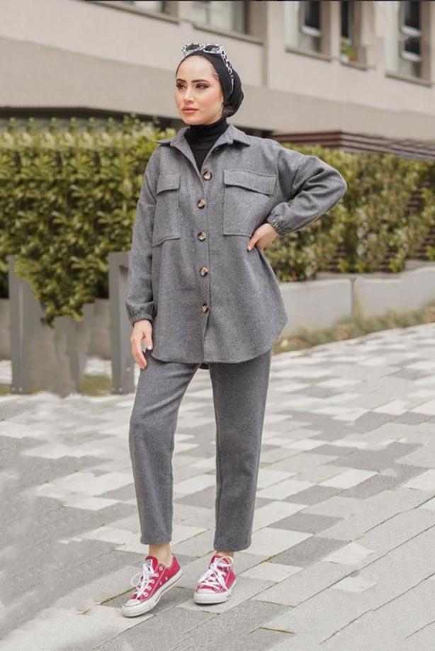Vêtements hijab  POCKET DETAIL 2-PIECE PANTS SUIT WITH ELASTIC CUFFS 55601  - TRENDTESETTÜR