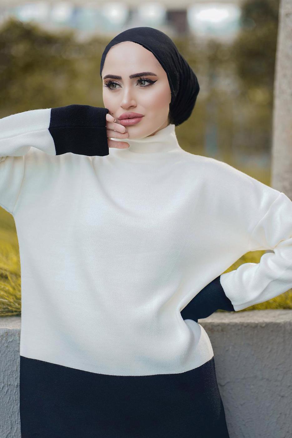 Tesettür giyim KREM İKİ RENKLİ İKİLİ PANT. TRİKO TAKIM 57501 