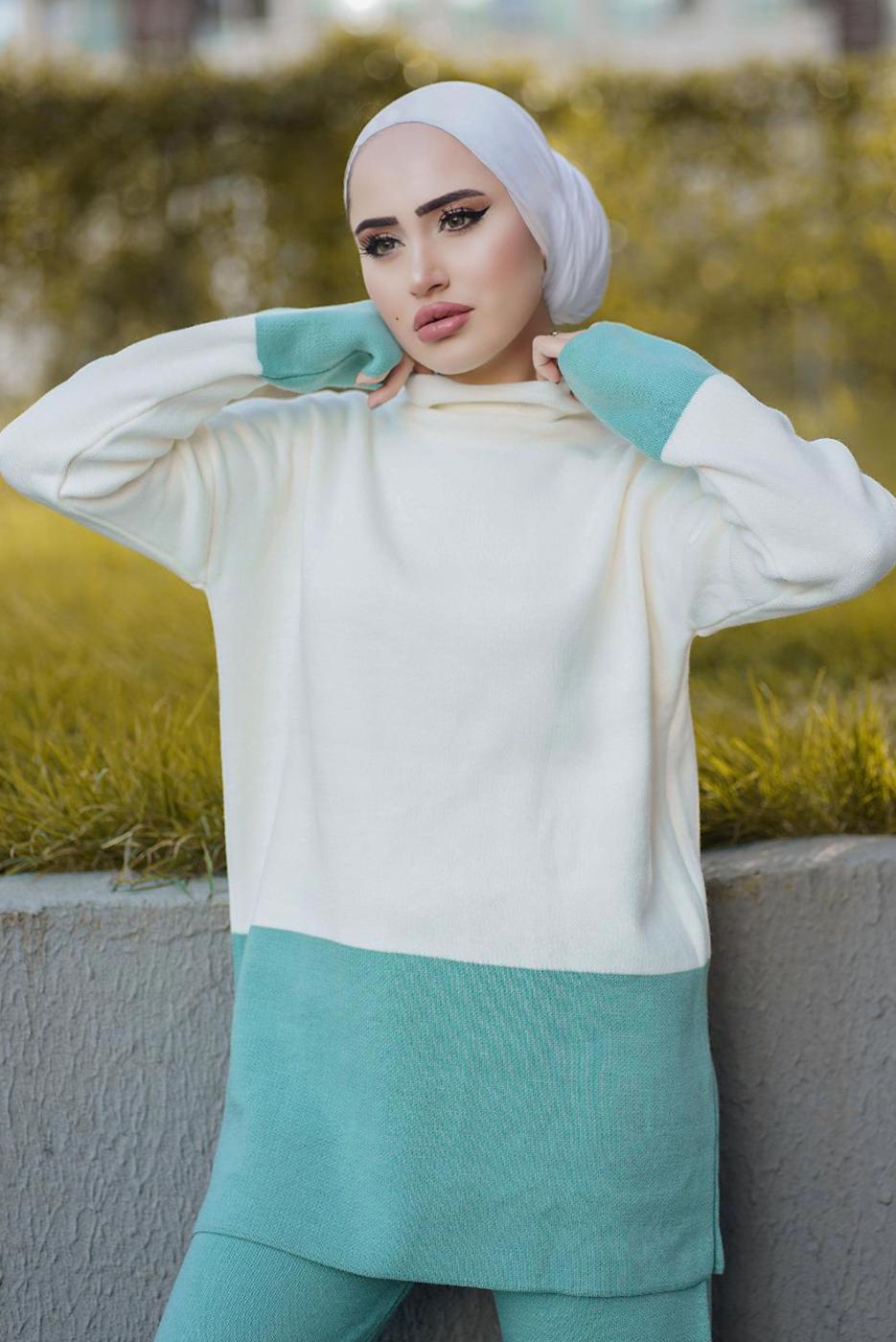 Vêtements hijab CRÈME COSTUME PANTALON EN MAILLE 2 PIÈCES 2 COULEURS 57501