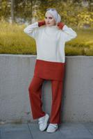 Hijab clothing CREAM 2-COLOR 2-PIECE KNITWEAR PANTS SUIT 57501 