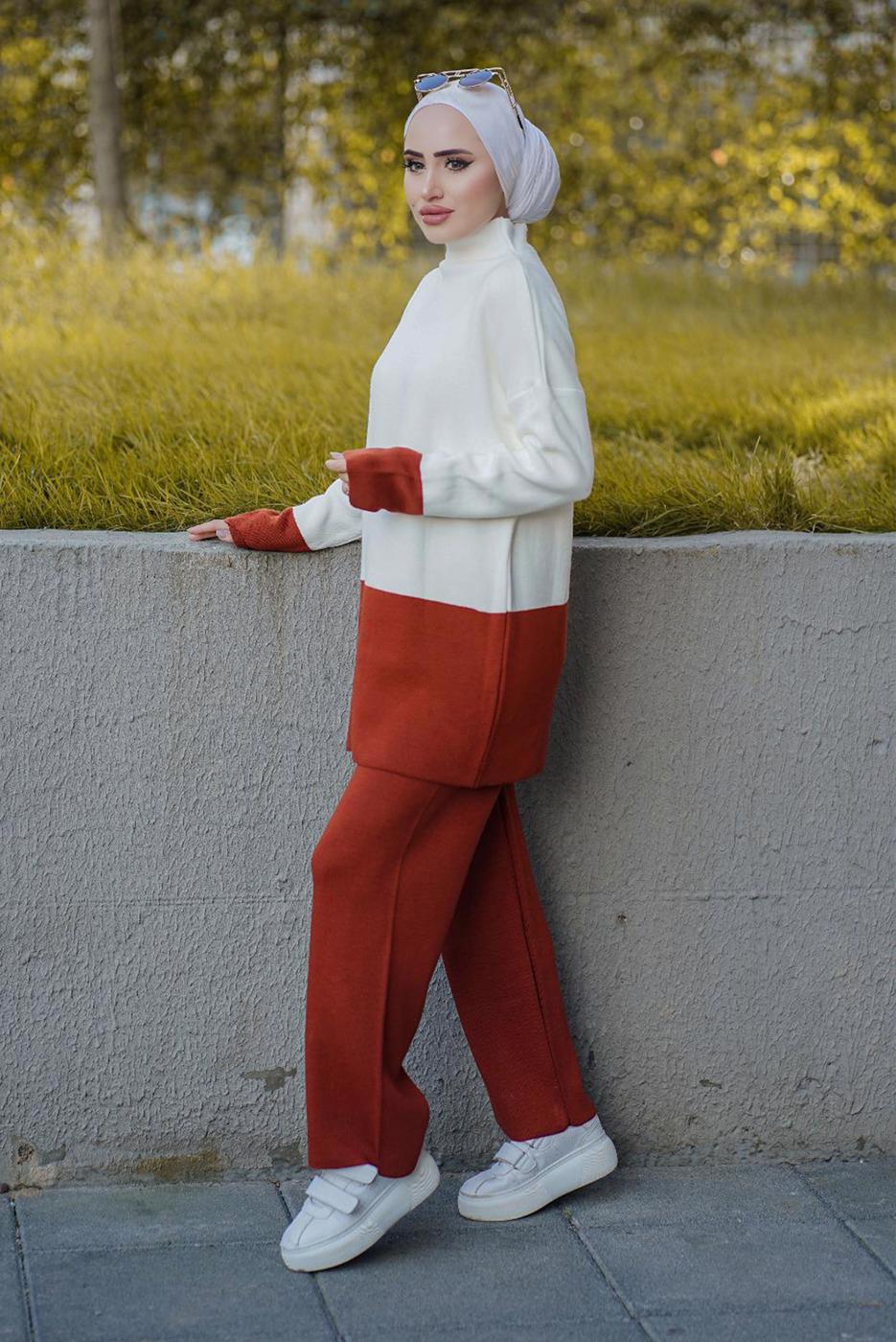 Hijab clothing CREAM 2-COLOR 2-PIECE KNITWEAR PANTS SUIT 57501 