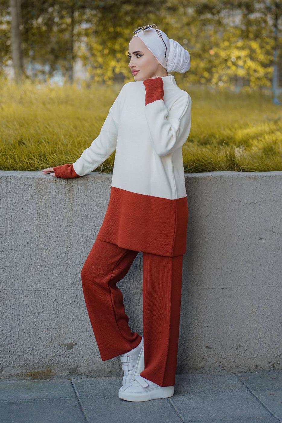 Hijab clothing CREAM 2-COLOR 2-PIECE KNITWEAR PANTS SUIT 57501 