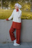 Hijab clothing CREAM 2-COLOR 2-PIECE KNITWEAR PANTS SUIT 57501 