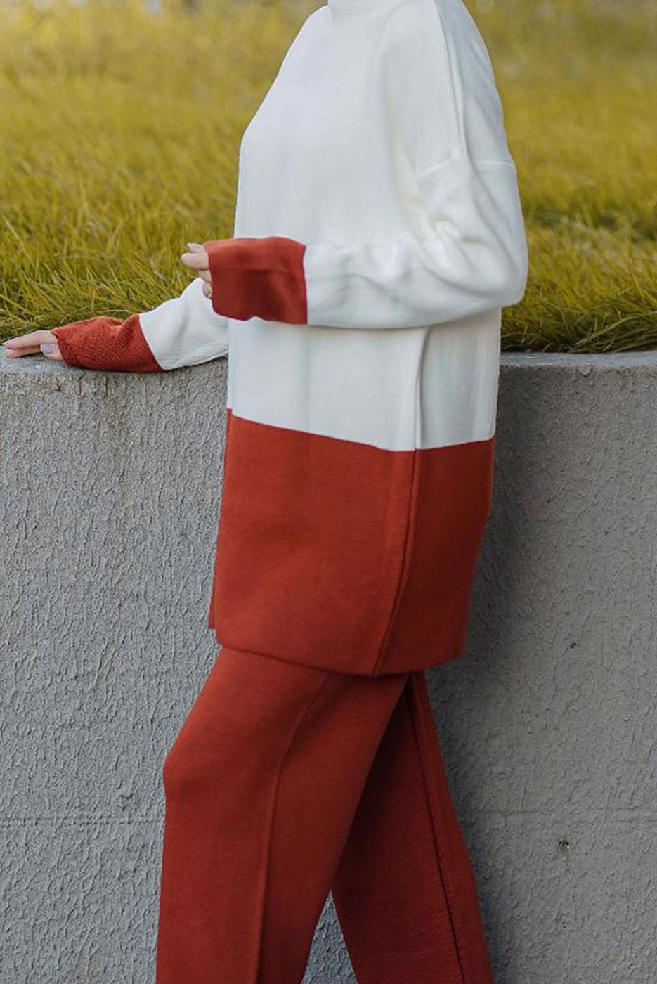 Hijab clothing CREAM 2-COLOR 2-PIECE KNITWEAR PANTS SUIT 57501 