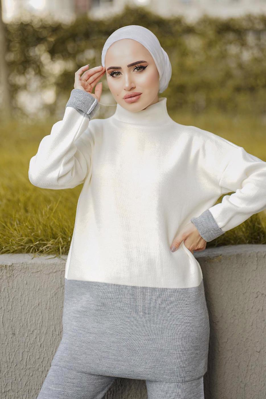 Tesettür giyim KREM İKİ RENKLİ İKİLİ PANT. TRİKO TAKIM 57501 