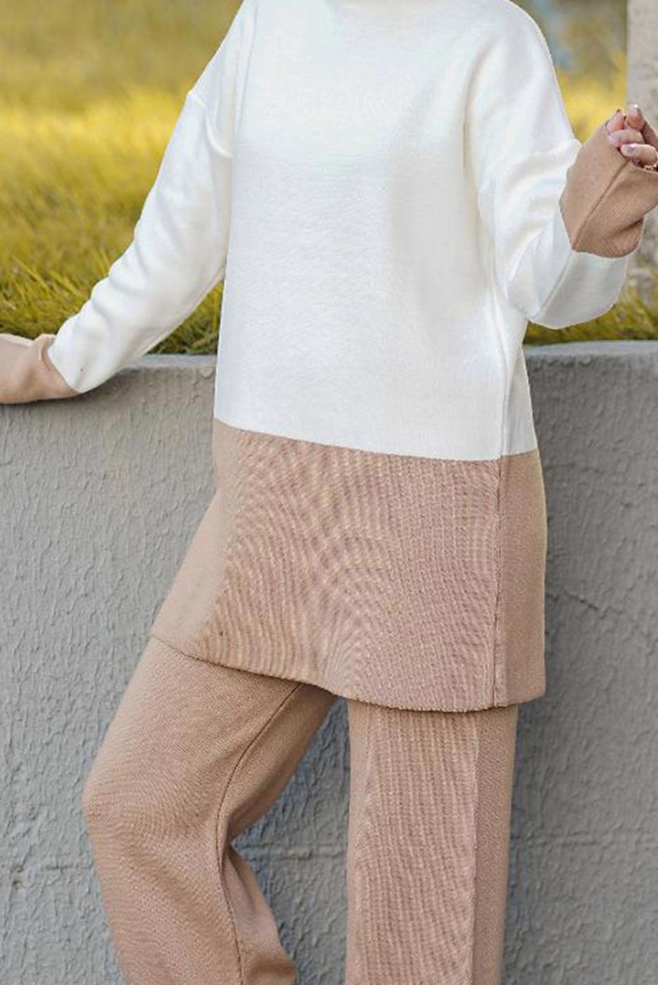 Vêtements hijab CRÈME COSTUME PANTALON EN MAILLE 2 PIÈCES 2 COULEURS 57501