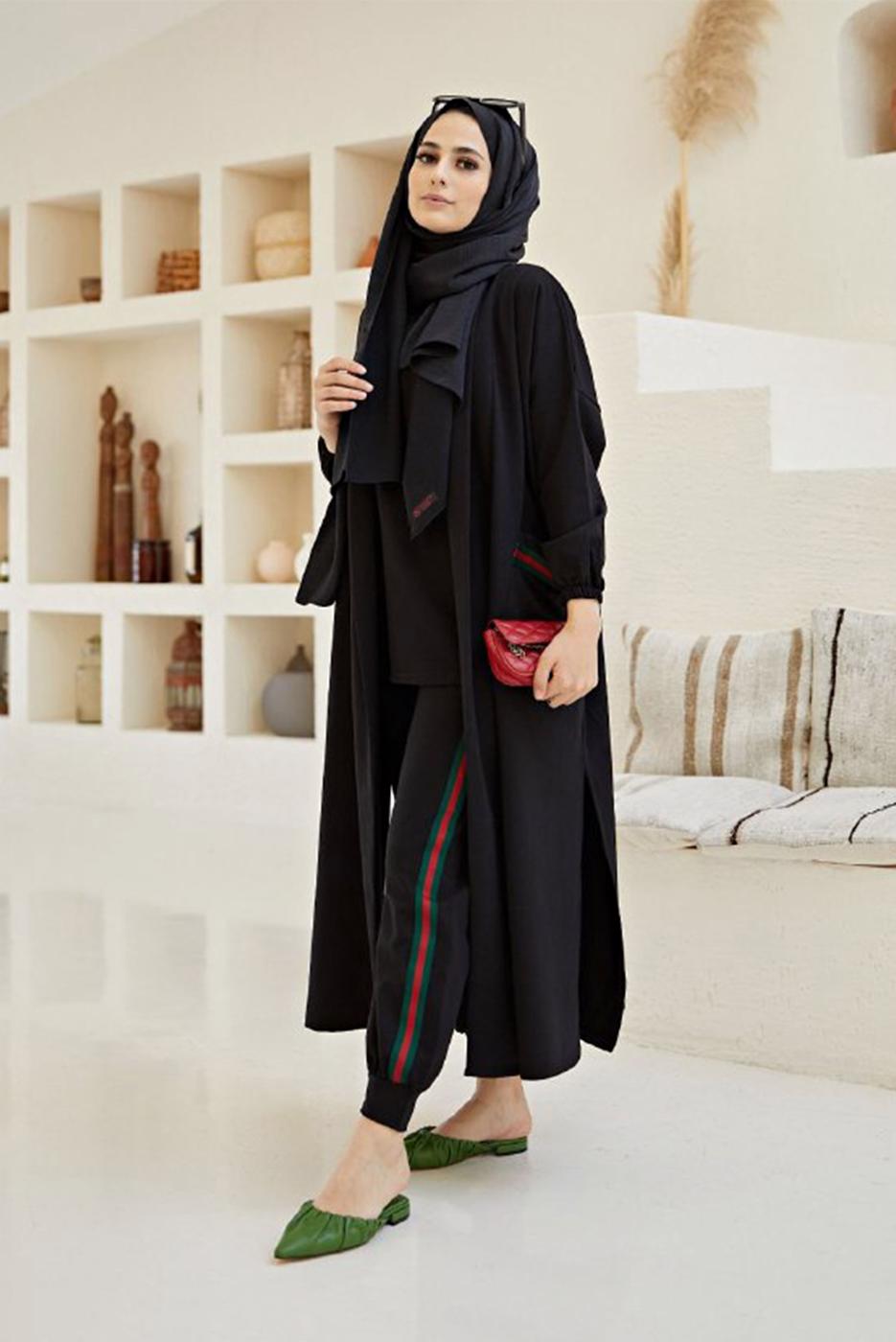 Hijab clothing BLACK STRIPE DETAIL 3-PIECE SUIT WITH PANTS 00001 