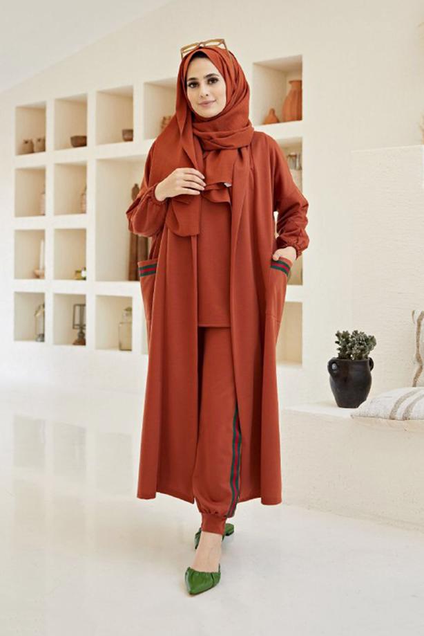 Tesettür giyim  ŞERİT DETAYLI ÜÇLÜ PANT. TAKIM 00001  - TRENDTESETTÜR