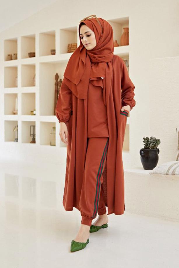 Tesettür giyim  ŞERİT DETAYLI ÜÇLÜ PANT. TAKIM 00001  - TRENDTESETTÜR