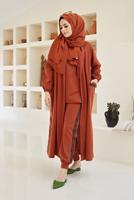 Tesettür giyim KAHVE ŞERİT DETAYLI ÜÇLÜ PANT. TAKIM 00001 