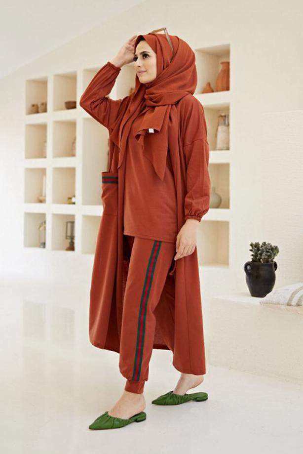 Tesettür giyim  ŞERİT DETAYLI ÜÇLÜ PANT. TAKIM 00001  - TRENDTESETTÜR