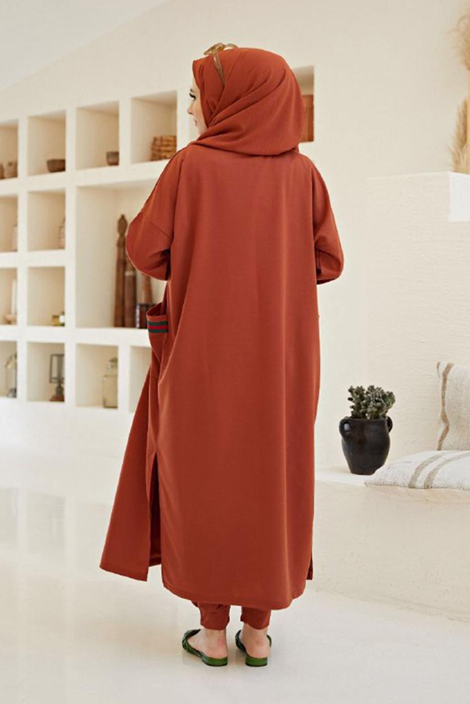 Tesettür giyim KAHVE ŞERİT DETAYLI ÜÇLÜ PANT. TAKIM 00001 