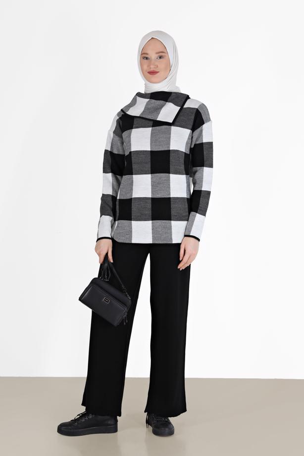 Vêtements hijab NOIR COSTUME EN MAILLE 2 PIÈCES À CARREAUX AVEC PANTALON 00012 - TRENDTESETTÜR