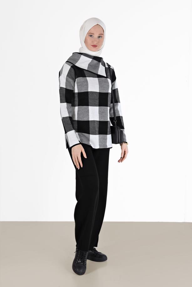 Vêtements hijab NOIR COSTUME EN MAILLE 2 PIÈCES À CARREAUX AVEC PANTALON 00012 - TRENDTESETTÜR