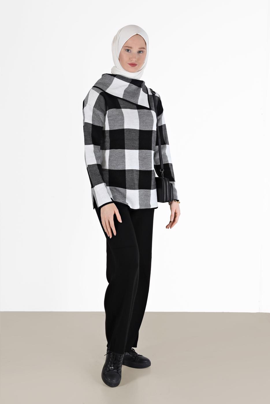 Tesettür giyim SİYAH EKOSE İKİLİ TRİKO PANT. TAKIM 00012 
