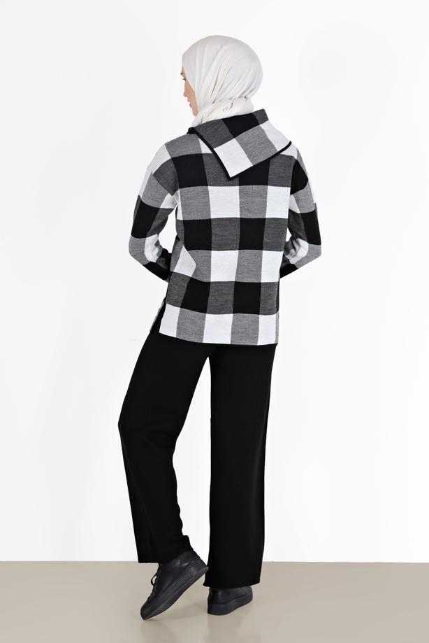 Vêtements hijab NOIR COSTUME EN MAILLE 2 PIÈCES À CARREAUX AVEC PANTALON 00012 - TRENDTESETTÜR