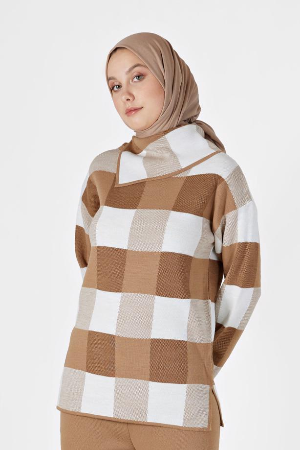 Vêtements hijab  CHECKED 2-PIECE KNITWEAR SUIT WITH PANTS 00012  - TRENDTESETTÜR