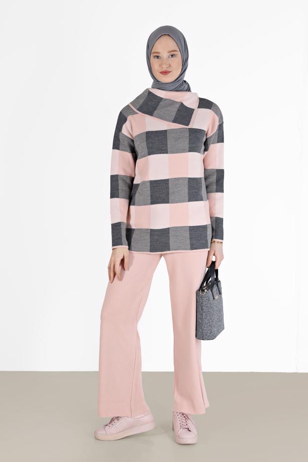 Vêtements hijab  CHECKED 2-PIECE KNITWEAR SUIT WITH PANTS 00012  - TRENDTESETTÜR