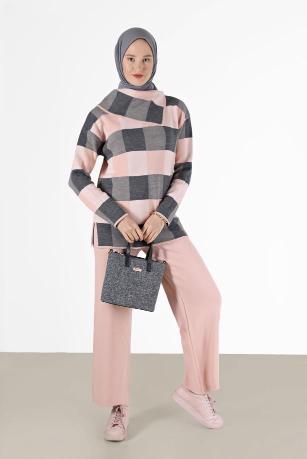 Vêtements hijab  CHECKED 2-PIECE KNITWEAR SUIT WITH PANTS 00012  - TRENDTESETTÜR
