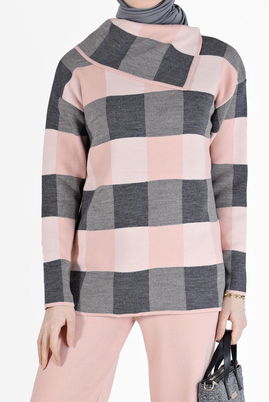 Vêtements hijab POUDRE COSTUME EN MAILLE 2 PIÈCES À CARREAUX AVEC PANTALON 00012