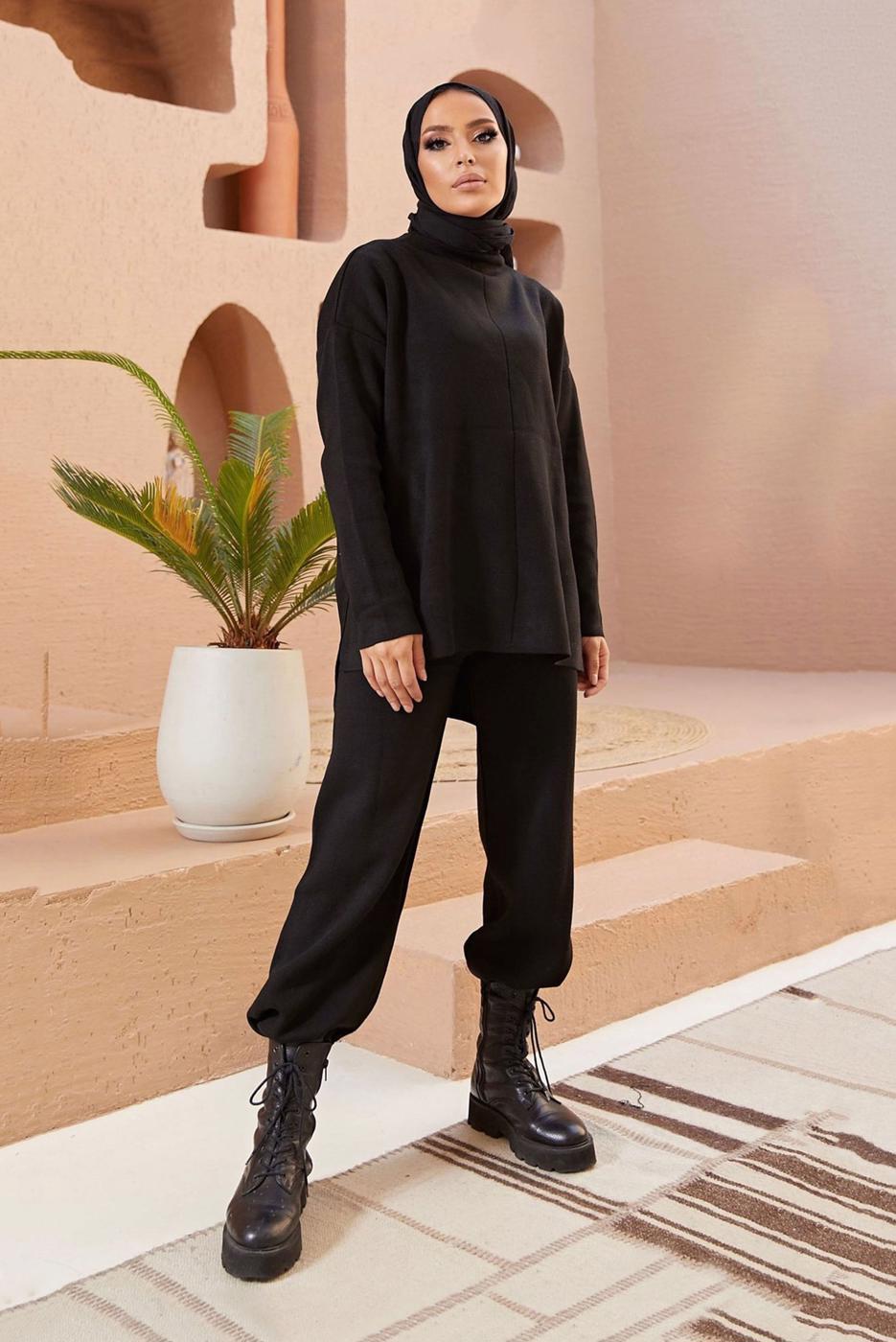 Vêtements hijab NOIR ENSEMBLE MAILLE 2 PIÈCES BASIQUE AVEC PANTALON 00032