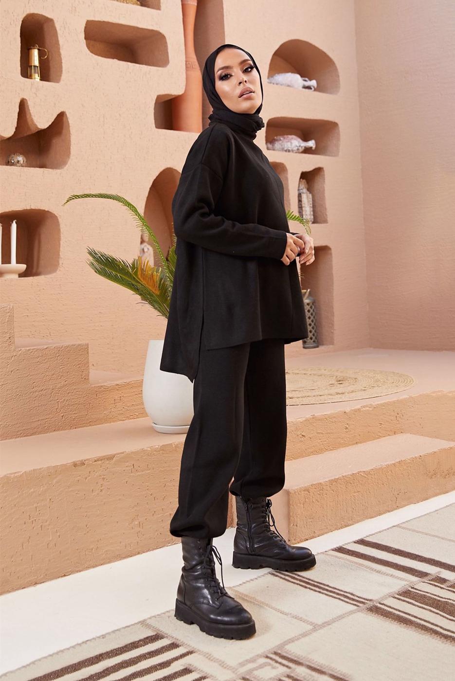 Vêtements hijab NOIR ENSEMBLE MAILLE 2 PIÈCES BASIQUE AVEC PANTALON 00032