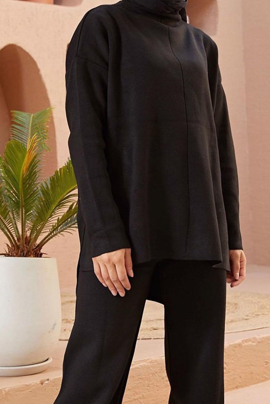 Vêtements hijab NOIR ENSEMBLE MAILLE 2 PIÈCES BASIQUE AVEC PANTALON 00032