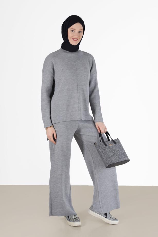 Vêtements hijab GRIS ENSEMBLE MAILLE 2 PIÈCES BASIQUE AVEC PANTALON 00032 - TRENDTESETTÜR