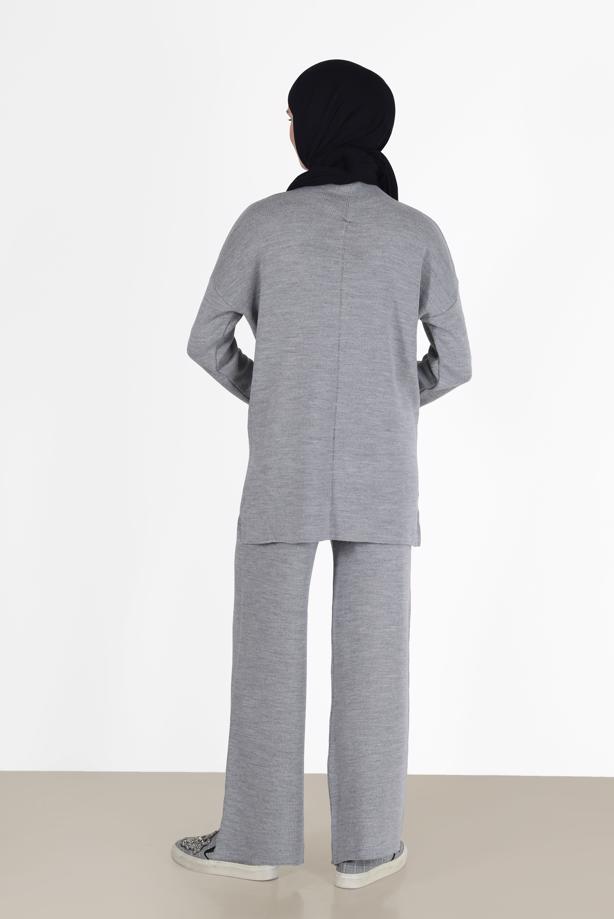Vêtements hijab GRIS ENSEMBLE MAILLE 2 PIÈCES BASIQUE AVEC PANTALON 00032 - TRENDTESETTÜR