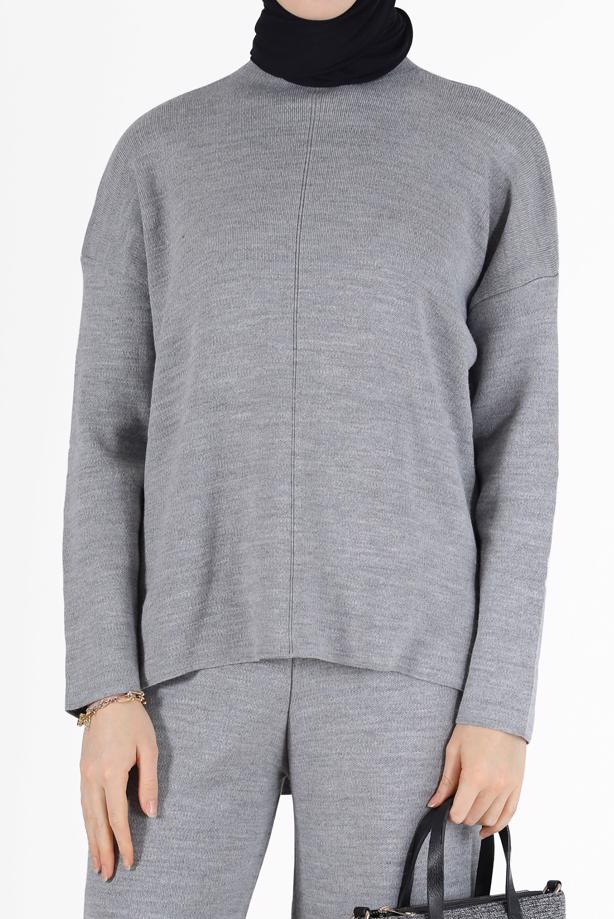 Vêtements hijab GRIS ENSEMBLE MAILLE 2 PIÈCES BASIQUE AVEC PANTALON 00032 - TRENDTESETTÜR