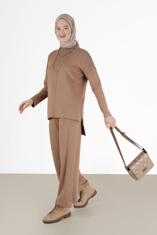 Vêtements hijab BRUN ENSEMBLE MAILLE 2 PIÈCES BASIQUE AVEC PANTALON 00032 - TRENDTESETTÜR