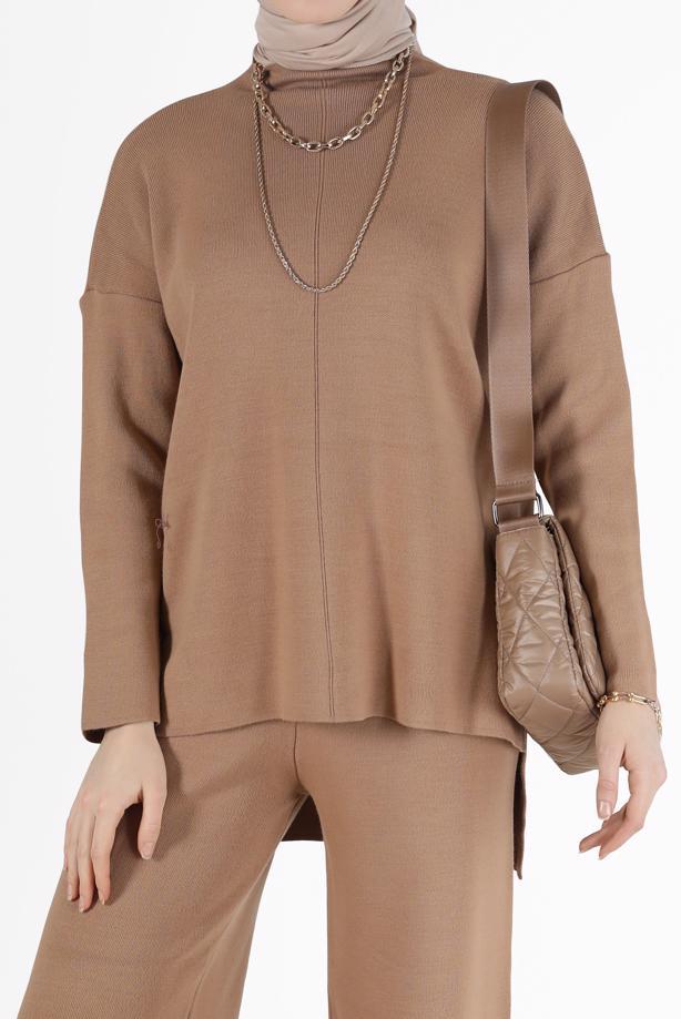 Vêtements hijab BRUN ENSEMBLE MAILLE 2 PIÈCES BASIQUE AVEC PANTALON 00032 - TRENDTESETTÜR